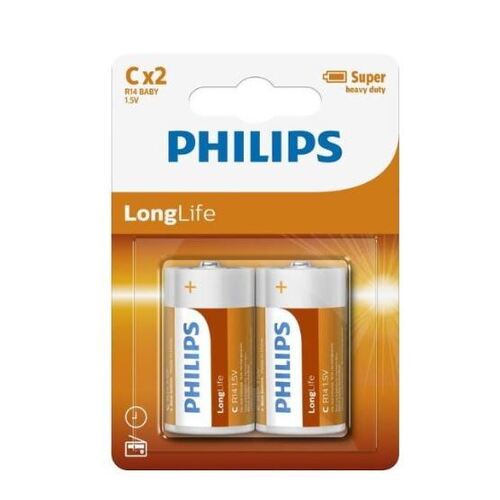 Philips Long Life Battery - Orange, C Size Pack 2