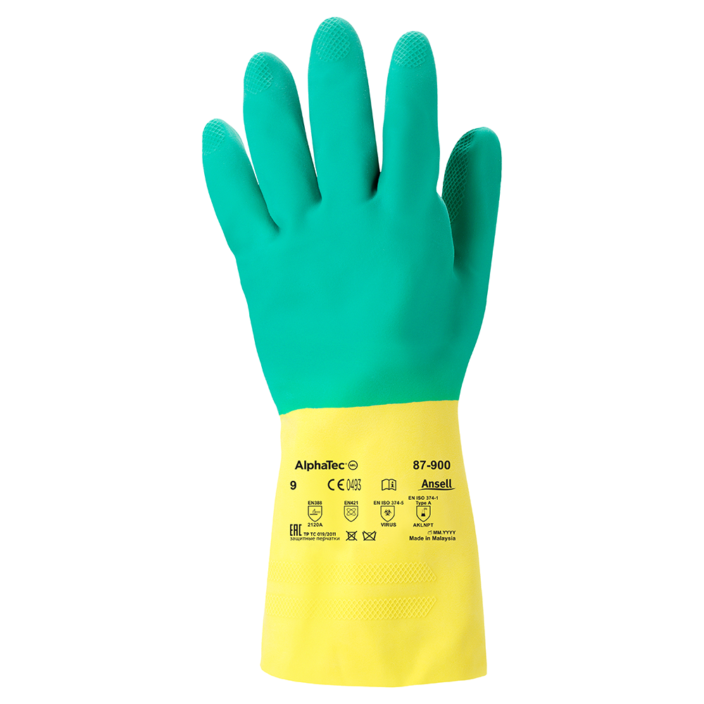Ansell AlphaTec 87-900 Latex and Neoprene Chemical Gloves – Excellent Wet and Dry Grip - L