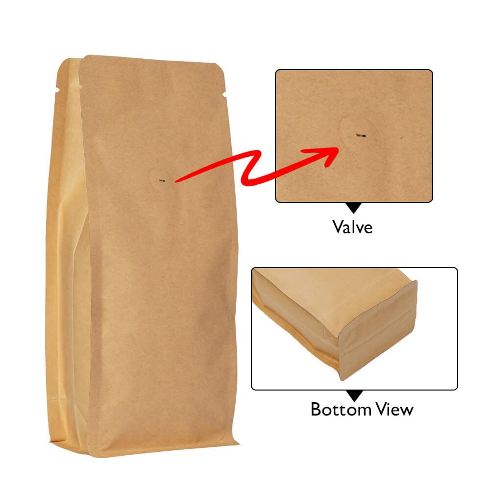 Flat Bottom Pouch - No Zipper 1kg Brown Paper with Valve 140w x 350h x (47.5 + 47.5)g